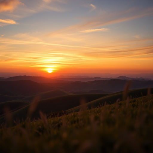 Create a high-resolution image of a serene landscape featuring rolling hills and a vibrant sunset, captured with a Canon EOS R5, using a 24mm lens, f/8 aperture, ISO 100, in landscape orientation with soft focus on the foreground.