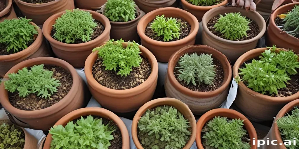 Vibrant Green Plants Thriving in Terracotta Pots at a Garden Center