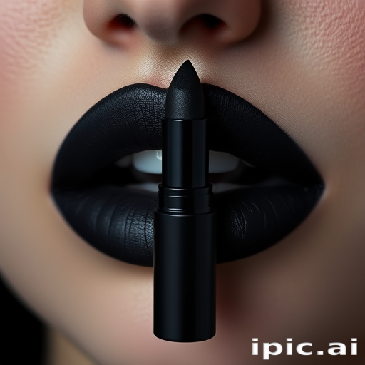 Intense "Ink Noir" liquid matte lipstick in deepest black, ultra-pigmented and smudge-proof formula, creating dramatic and gothic-inspired looks