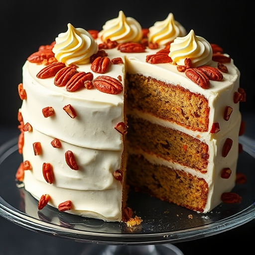 A delicious layered cake with cream frosting topped with chopped pecans and decorative dollops of frosting, showcasing a slice taken out revealing the moist interior, displayed on a glass cake stand with a dark background.