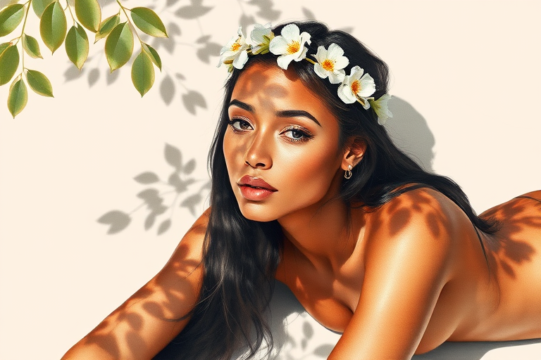 create a watercolor painting of an ethereal portrait of beautiful Aboriginal Australian woman with a simple white flower crown on her head. Her hair is long and she is lying on the ground. The sunlight on the trees casts shadows from the leaves on her face and body. The background is a neutral brown color that matches her skin tone. The image is minimalist and solid colors. This style is characterized by soft, delicate brushstrokes and a light, airy, contrasting color palette. High level of detail and play of light