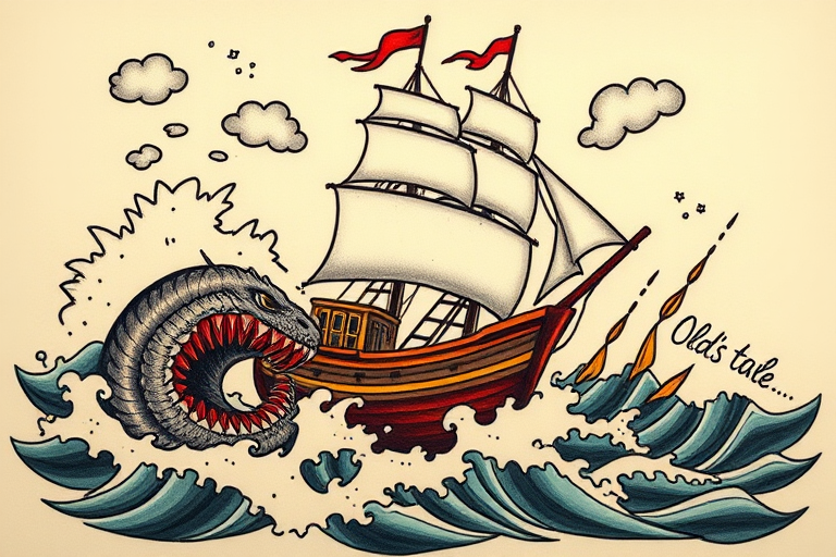 Traditional American tattoo named "Old Salt's Tale" depicting a bold ship battling stormy seas with a menacing sea serpent, using thick lines and limited color palette