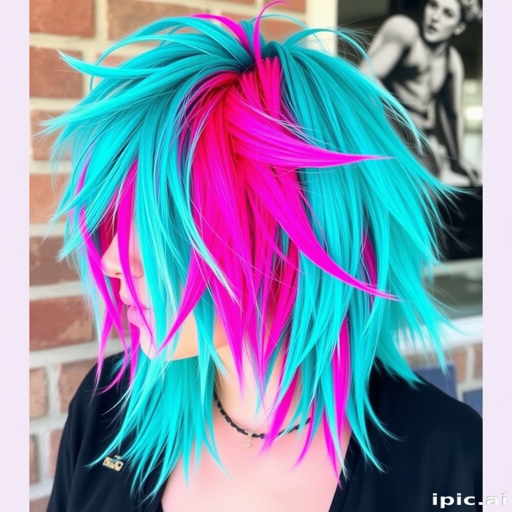 Edgy turquoise mullet with neon pink undertones, styled in tousled layers for a modern punk rock vibe, christened "Cyber Tsunami"