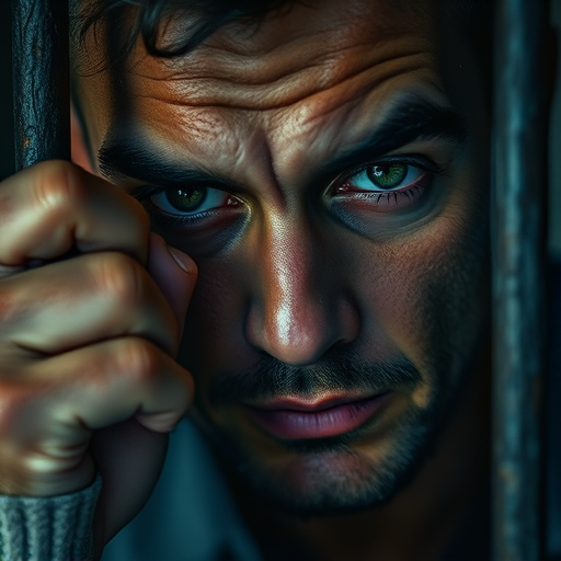 A close-up portrait of a man gripping prison bars with a somber expression, dramatic lighting highlighting the texture of his skin and the metal bars, captured with a DSLR camera at f/2.8, ISO 200, 50mm lens, shallow depth of field, utilizing soft focus for a cinematic style.