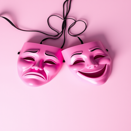 Create a high-resolution image of two pink theatrical masks, one sad and one happy, with smooth outlines and a stylized design, captured with a DSLR camera at f/1.8 aperture, ISO 100, 50mm lens, top-down view, soft lighting to enhance colors and details.