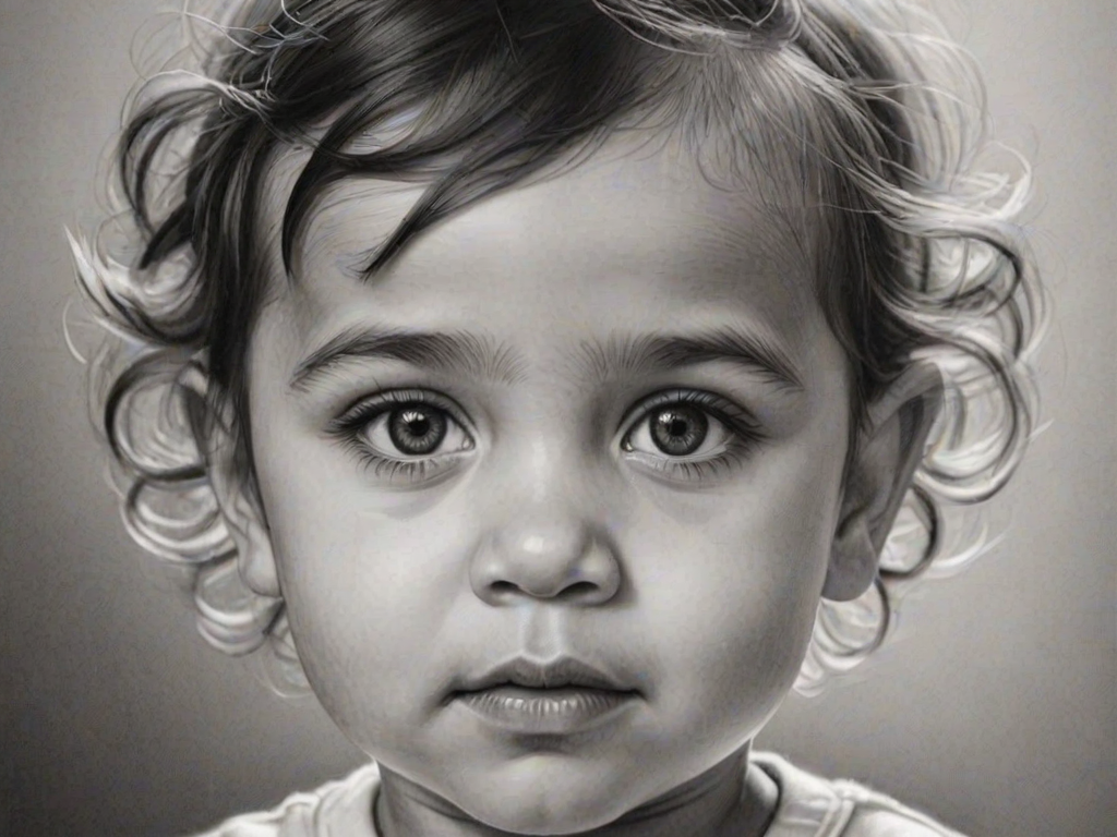 A hyperdetailed photorealistic black and white sketch of a beautiful toddler with deep black eyes, with a macro focus