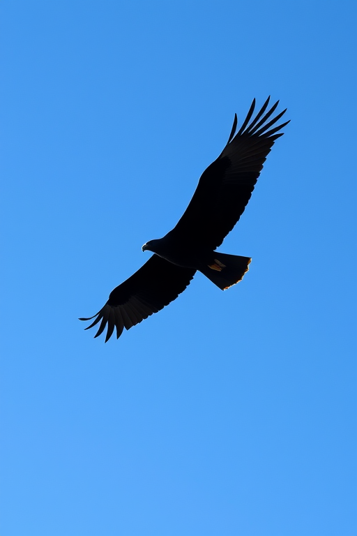high-resolution image of a minimalist black silhouette of an eagle in flight, captured with a DSLR camera at f/4 aperture, ISO 100, 1/500 sec shutter speed, using a telephoto lens from a low angle to emphasize the wingspan against a clear blue sky background