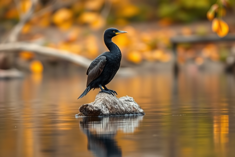 A cormorant perched on a log over a reflective water surface, surrounded by autumn foliage in soft focus, shot with a DSLR camera, 85mm lens, aperture f/2.8, ISO 100, shutter speed 1/500s, capturing rich colors and fine details.