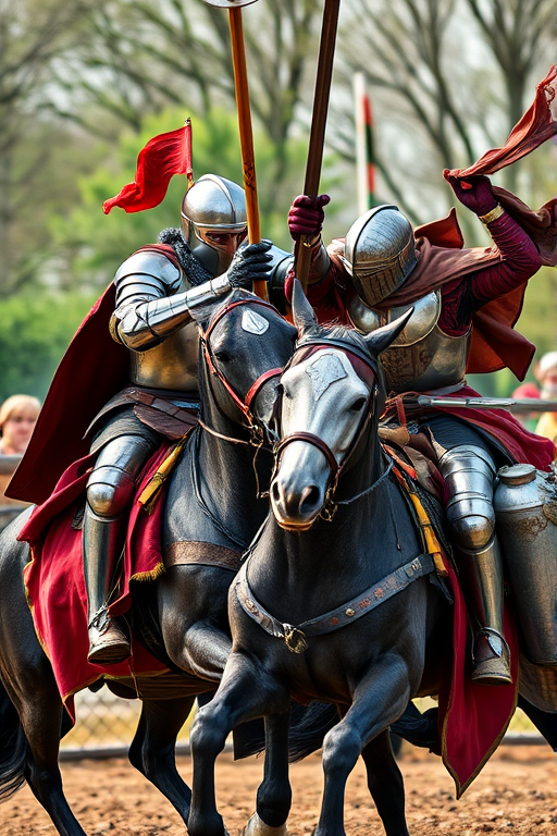 Two knights in full armor jousting on horseback, dynamic action shot, DSLR camera, 50mm lens, f/2.8, ISO 200, shutter speed 1/1000s, natural light, focus on knights with blurred background for depth.