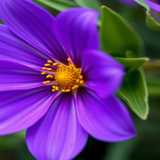 Create a high-resolution digital illustration of a purple flower with a yellow center and green leaves, using a Canon EOS R camera with a 50mm lens, aperture f/2.8, ISO 200, and a shallow depth of field to enhance the quality and focus on the flower while blurring the background.
