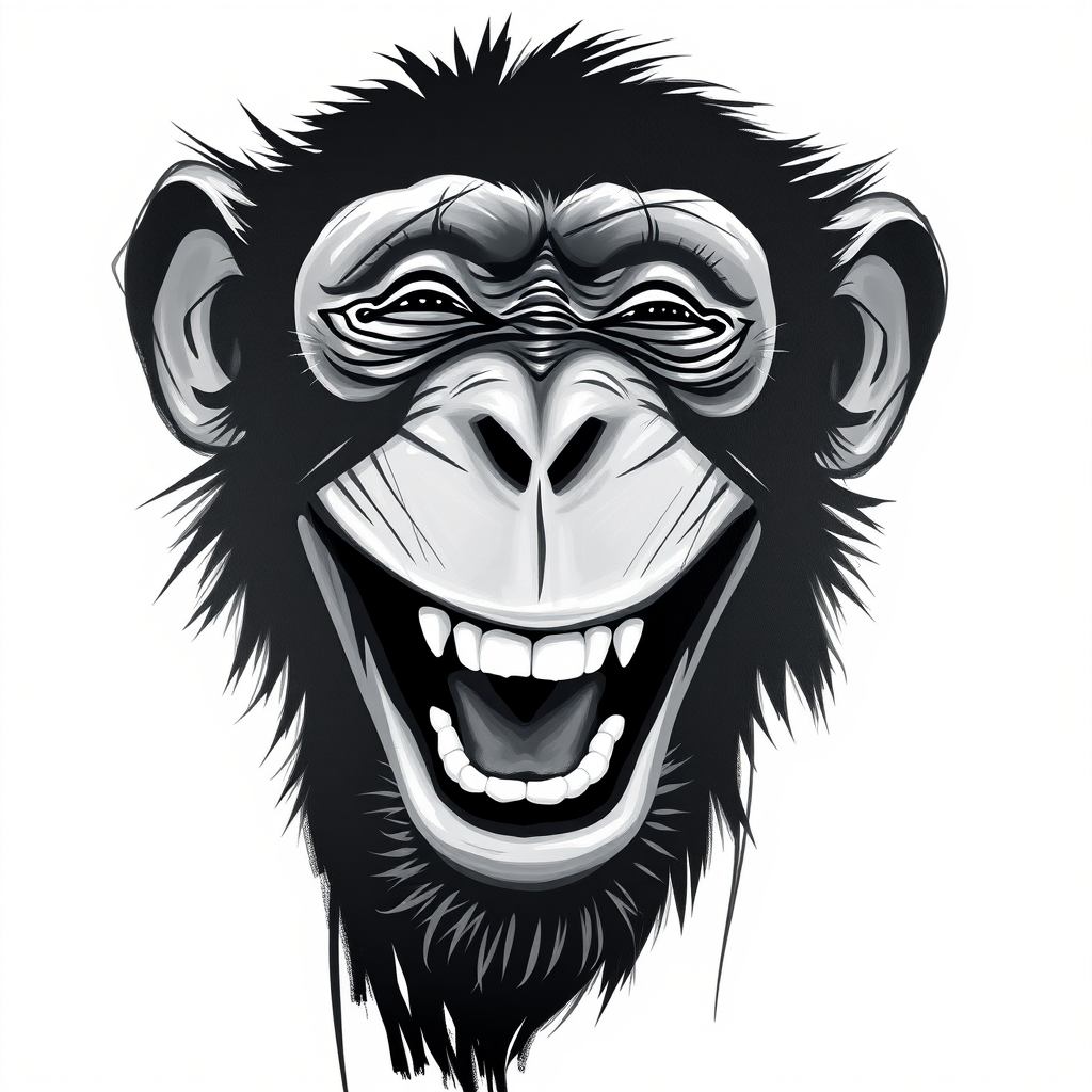 Abstract black and white acrylic portrait of an over exaggerated laughing (monkey). Minimalism style. White background.