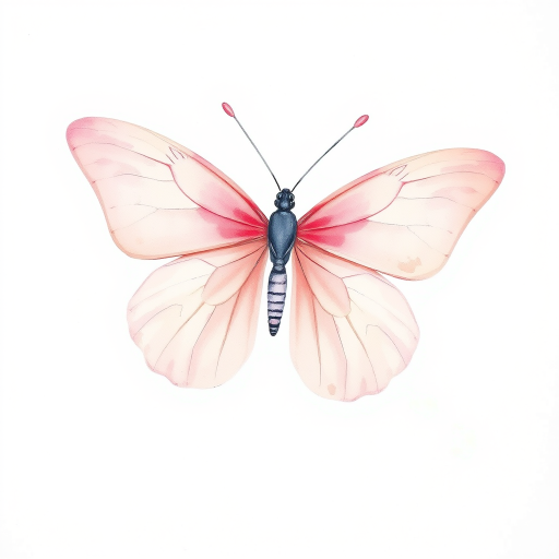 Create a watercolor illustration of a delicate butterfly with soft pink hues and subtle details in its wings, set against a plain white background. The butterfly should have slender antennae and a gentle, graceful appearance.