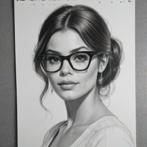 Pleasing Anabelle Acosta, pencil sketch, portrait of Stunning woman 1968s in glasses, hair style beatnik, outline, clear lines, fine lines, 8k