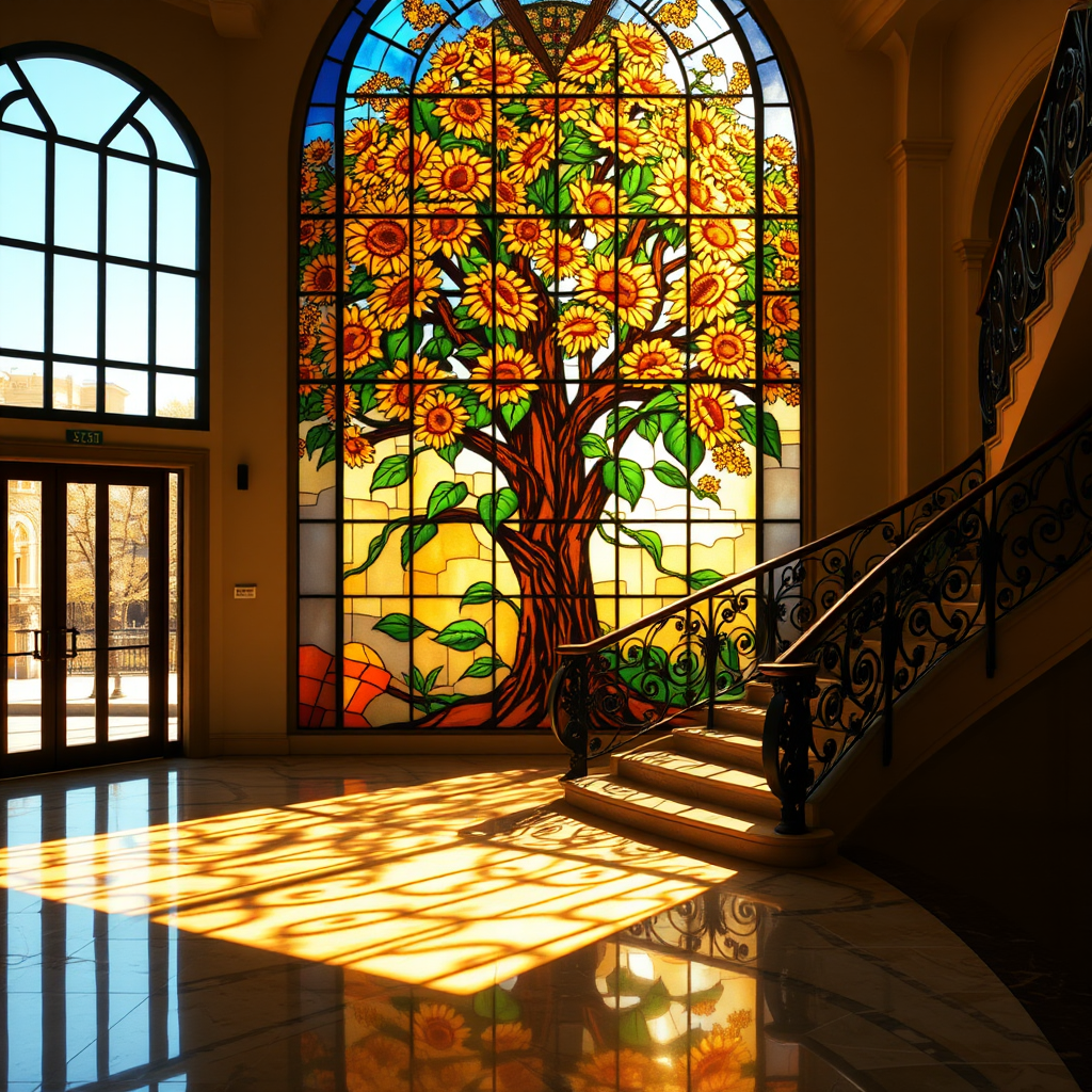 A stained glass window featuring a large, vibrant tree with blooming sunflowers as its focal point. The sunlight passes through the glass, casting multicolored shadows across the floor and a grand, curved staircase with ornate iron railings. The overall ambiance is warm, with golden sunlight enhancing the vivid colors of the stained glass, creating a serene and artistic atmosphere in a spacious room with polished marble floors. The scene is elegant and peaceful, with a blend of nature and architectural beauty.