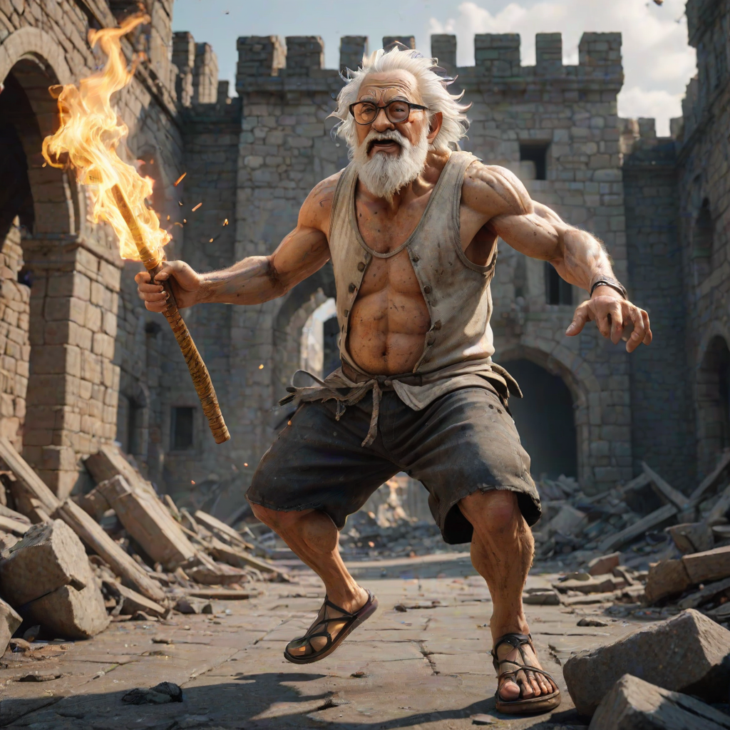 Cartoon 3D High-Resolution,dynamic battle scene using Unreal Engine 5 and Octane Render. The scene features back of an elderly, thai man with a beard,messy hair and round golden-rimmed glasses. He is wearing a tattered tank top with soot marks, shorts, and sandals. sweating. he wields a baseball bat. He jump to fight with a white fire-breathing Europe dragon amidst a partially destroyed stone castle. Include intense flames, smoke, and debris to enhance the dramatic effect.
