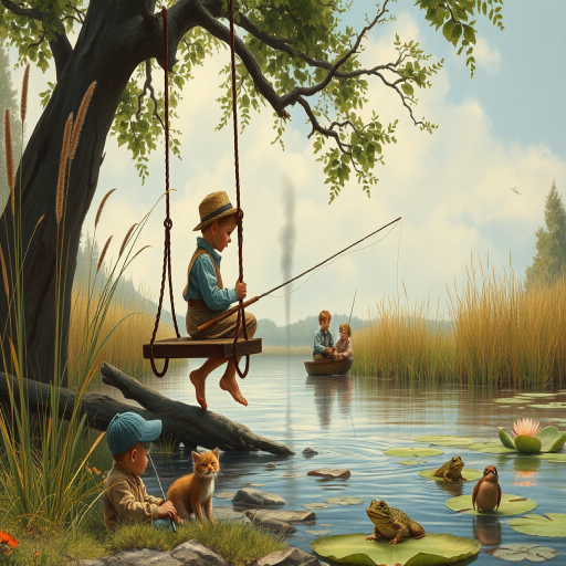 Imagine a small group of old fashioned young boys out fishing by the creek, a swing hanging from a tree branch, reeds and grasses by the water's edge, a frog sitting on a lily pad, dragonflies hovering over som water plans, a very iconic old fashioned scene reminiscent of a Norman Rockwell painting style
