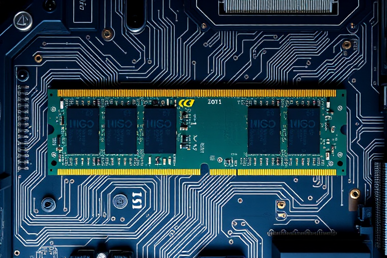 Create a high-resolution illustration of a computer RAM module, with a top-down view, using a DSLR camera at f/2.8 aperture, 50mm lens, and ISO 100 for optimal clarity and detail.
