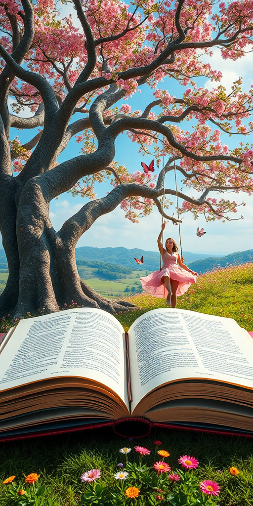 Create an enchanting scene of a large open book in a vibrant landscape featuring a magical tree and a young woman in a pink dress swinging, with colorful flowers and butterflies, captured with a DSLR camera at f/2.8, ISO 100, 24mm lens, in a wide-angle view for depth and clarity.