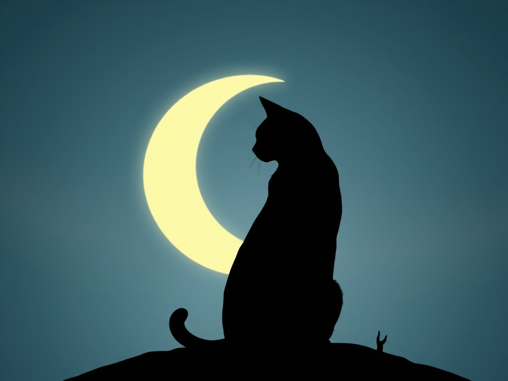 Generate an illustration of a stylized black cat silhouette with a crescent moon, captured with a Canon EOS R5 at ISO 100, f/2.8 aperture, 50mm lens, in a soft focus view for a dreamy effect.