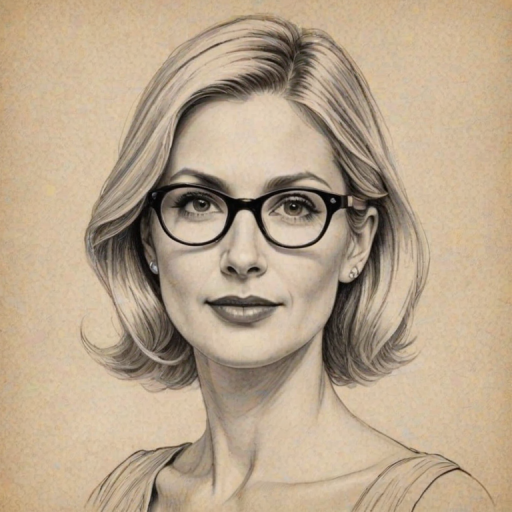 Appealing Kelly Rutherford, pencil sketch, portrait of Bewitching woman 1934s in glasses, hair style beatnik, outline, clear lines, fine lines, 8k