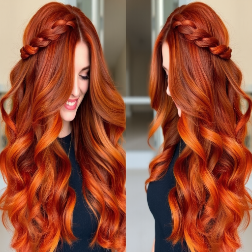 Fiery copper ombre locks flow from deep auburn roots to bright copper ends, styled in voluminous romantic curls with a braided crown for added sophistication