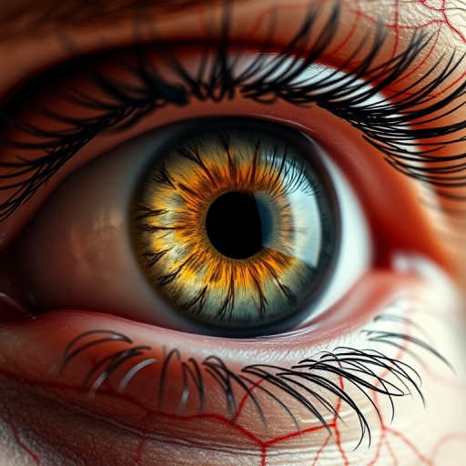 Create a hyper-realistic illustration of a human eye with detailed red veins, close-up view, using a DSLR camera with a 50mm lens, aperture f/1.8, ISO 100, and 1/200 sec shutter speed for enhanced depth and clarity.
