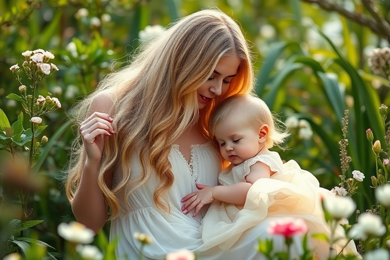 Create a serene and ethereal scene of a motherly figure with golden hair and a child in a soft, flowing dress, surrounded by lush greenery and flowers, captured with a full-frame camera at f/1.8, ISO 100, 1/125s, using natural soft lighting and a shallow depth of field for a dreamy effect.