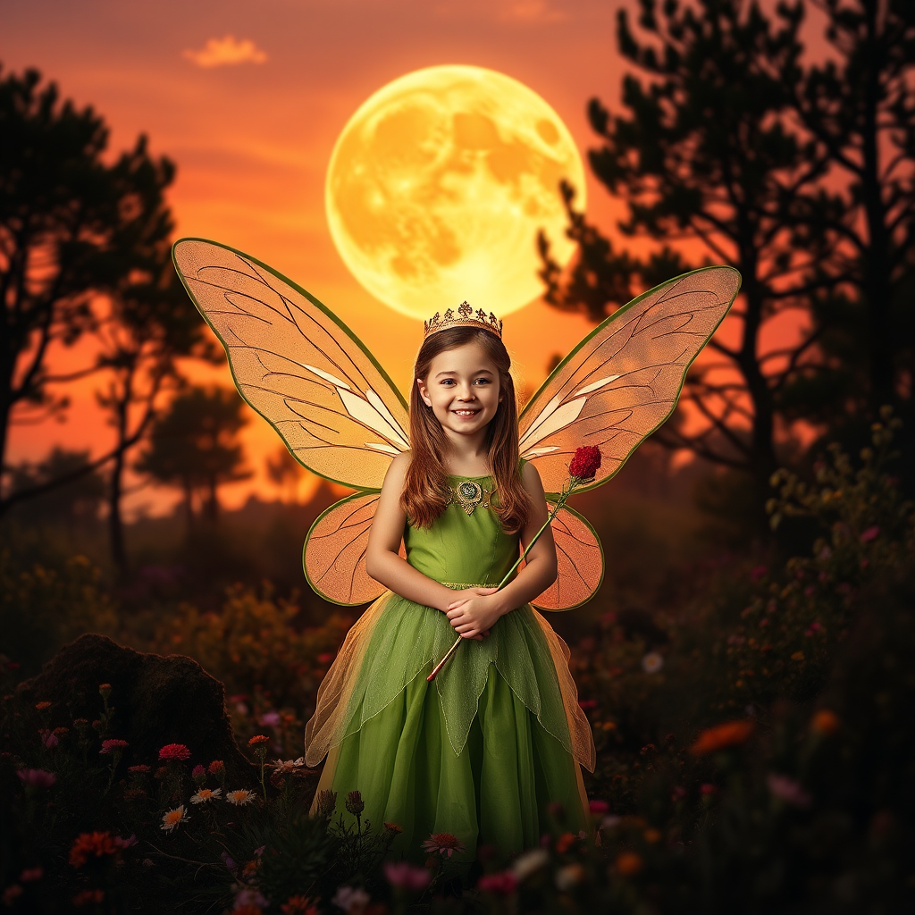A vivid photo  taken under a bright camera flash of a fantastical scene set against a backdrop of a forest during sunset. The main subject is a girl dressed as a fairy, adorned with translucent wings and a green dress, holding a wand, her face is happy, and she wears a crown on her head. The forest behind her is a blend of flowers, shrubs and trees. The sky is painted in hues of orange and pink, with a large, glowing moon casting a warm glow over the scene. The overall color palette is dominated by earthy tones.