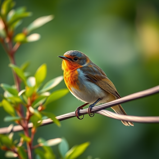 Capture a vibrant close-up of a small bird perched on a wire, surrounded by lush green foliage, using a Canon EOS 5D Mark IV with a 100mm f/2.8 macro lens, at f/4 aperture, ISO 200, 1/500 sec shutter speed, with a shallow depth of field and soft bokeh background to enhance image quality.