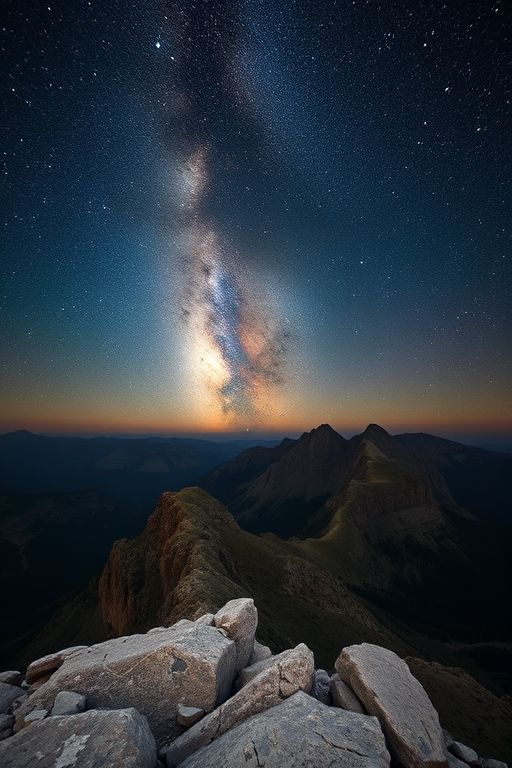 night sky landscape with the Milky Way over rocky mountains, f/2.8 aperture, ISO 3200, 30 seconds exposure, wide-angle lens, taken with a DSLR camera from a high vantage point at night