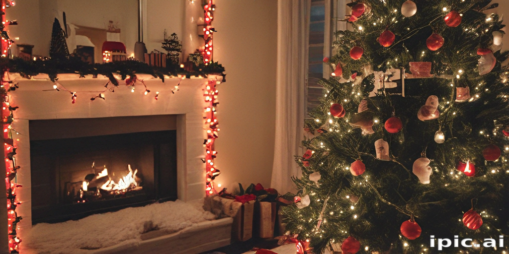 Cozy Holiday Scene with a Decorated Christmas Tree and Warm Fireplace