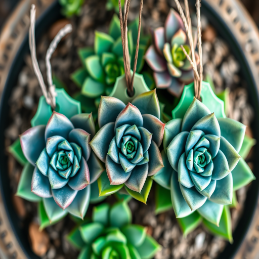 Create an image of three stylized succulent plant tags with soft green outlines, using a Canon EOS 5D Mark IV with a 50mm f/1.8 lens, aperture f/4, ISO 100, and shoot from a top-down view in natural light, focusing on vibrant colors and intricate details.