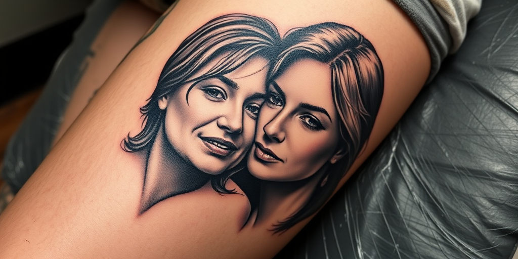 Stunning realistic portrait tattoo on the thigh, capturing the likeness of a loved one with incredible detail and lifelike shading, utilizing a combination of black and gray ink for a timeless monochromatic aesthetic