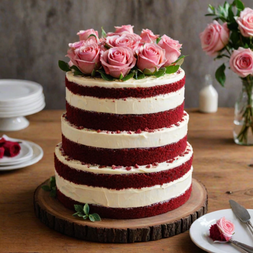 Generate an image of a tiered red velvet cake with cream cheese frosting. The cake should have multiple layers, adorned with fresh pink roses and greenery on top. The setting should be rustic and elegant, with a wooden table in the background.