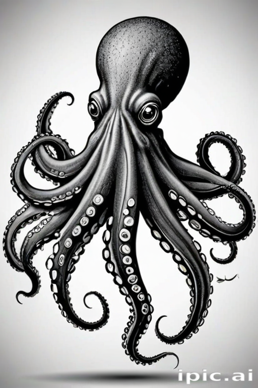 Intricate Black and White Illustration of a Majestic Octopus with Eight ...