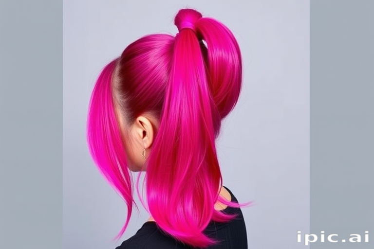 Vibrant magenta hair styled in a sleek, high ponytail with ultra-long extensions showcases the bold "Fuchsia Fantasia" look, featuring a gradual ombre effect that transitions to electric purple at the ends, creating a striking and eye-catching style that exudes confidence and creativity