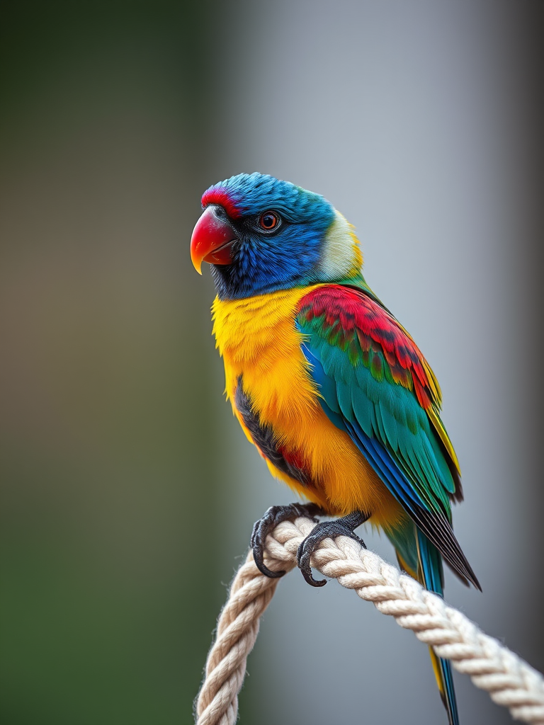 capture a vibrant bird perched on a rope with a shallow depth of field, 85mm lens, f/2.8 aperture, ISO 200, soft natural light, DSLR camera, close-up view, focus on the bird's details and colors