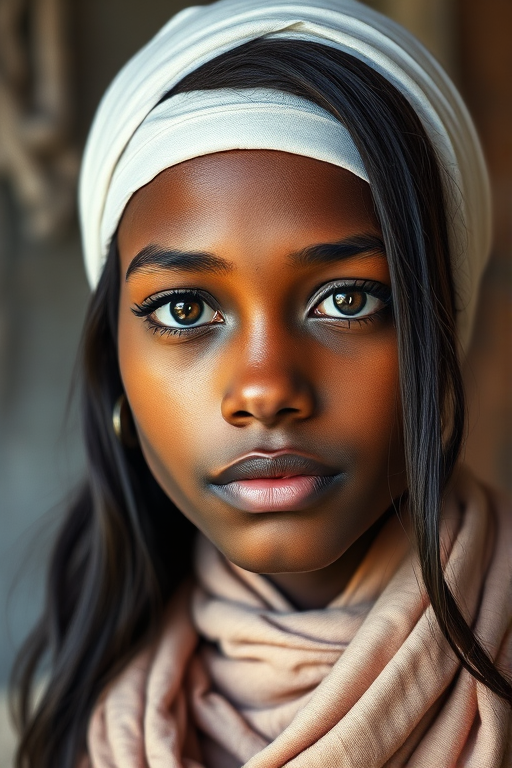 Create a portrait of a young Cape Verdean male with long, dark hair and captivating hazel eyes. She is wearing a white headscarf and a matching scarf draped gracefully around her neck. The background is softly blurred, focusing attention on her serene and natural expression. The overall color palette is muted and warm, enhancing the intimate and authentic feel of the portrait.