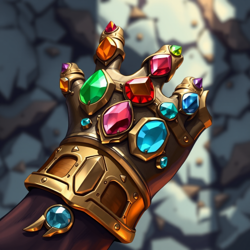 Create a highly detailed illustration of a gauntlet with colorful stones, using a macro lens, aperture f/2.8, ISO 100, natural lighting, from a slightly angled top-down view, in a digital art style.