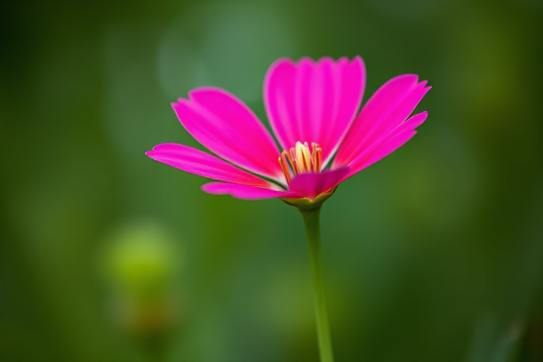 capture a close-up of a single vibrant pink flower with a soft blurred green background, using a Canon EOS R5 camera, 50mm f/1.2 lens, aperture set to f/2.8, ISO 100, natural lighting, shallow depth of field, focus on the flower to enhance details and colors.
