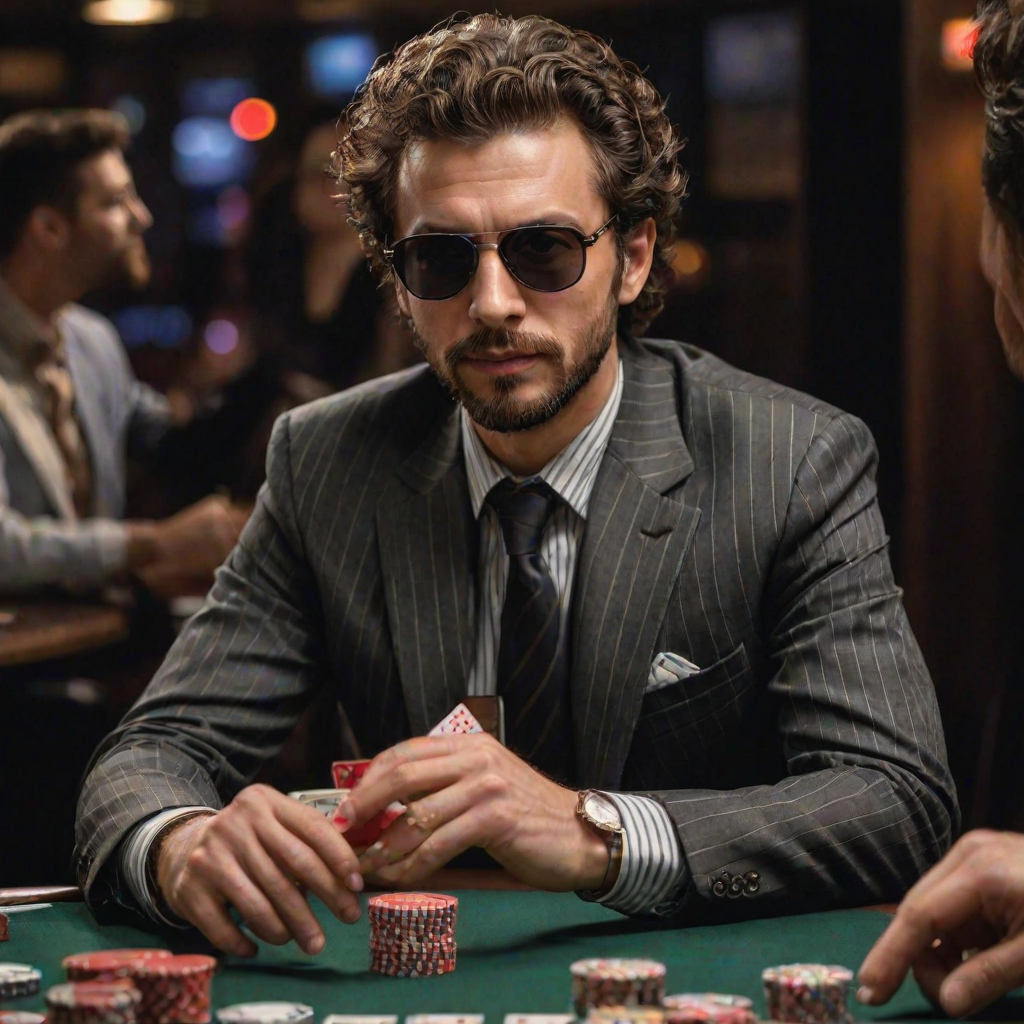 etailed edges, detailed image, perfection style, A detailed and A perfect photo of a man with sunglasses and trowing a pair of cards in his hand at camera in a poker game, hand focus, cinematic hand, best hand, better hand, awesome hand, different hand, solo, looking at viewer, brown hair, shirt, 1boy, upper body, male focus, striped, facial hair, table, sunglasses, black background, beard, curly hair, card, playing card, afro, mahjong, poker chip, mahjong tile, pinstripe suit, perfection, different color, perfect color, realistic, realism, detailed background, perfect background, different background, perfect style, perfection style, detailed style, black hair, striped clothes, black shirt, striped shirt, pinstripe pattern