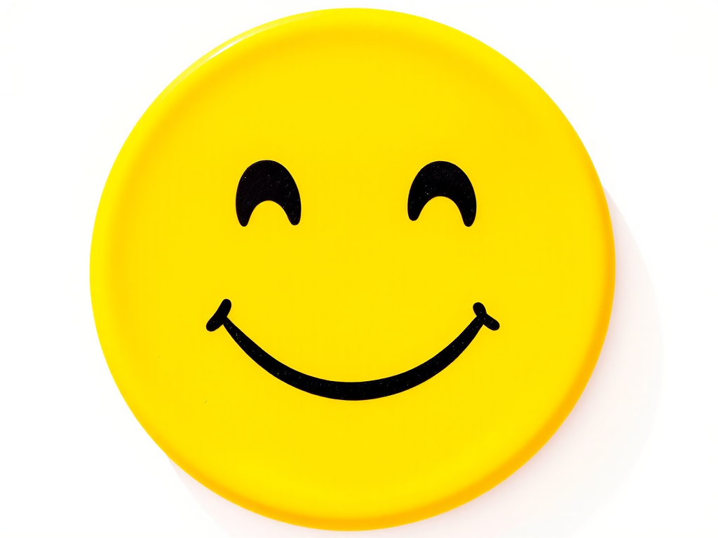 Create a vibrant yellow smiley face on a white background, using a DSLR camera with a 50mm lens at f/2.8, ISO 200, shot from an eye-level perspective in natural light to enhance color saturation and clarity.