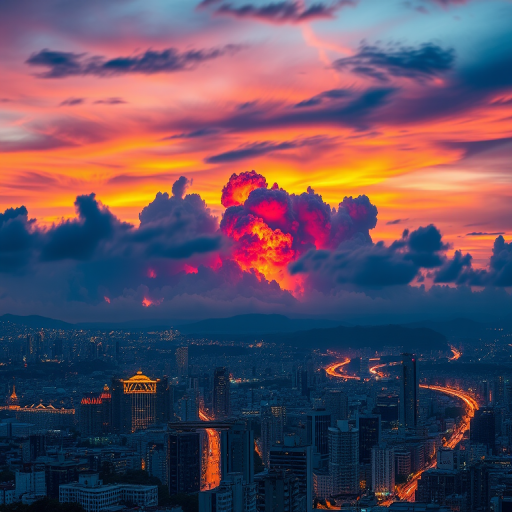 dramatic cityscape with a massive explosion in the sky, intense colors and contrasts, 24mm lens, f/8 aperture, ISO 200, long exposure for light trails, panoramic view, captured with a DSLR camera