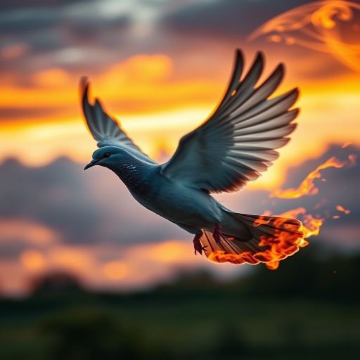 dove in flight surrounded by swirling flames at sunset with dramatic clouds, shot with a Canon EOS R5, 50mm lens, f/1.8, ISO 100, 1/250 sec, vibrant colors, high dynamic range, soft focus background