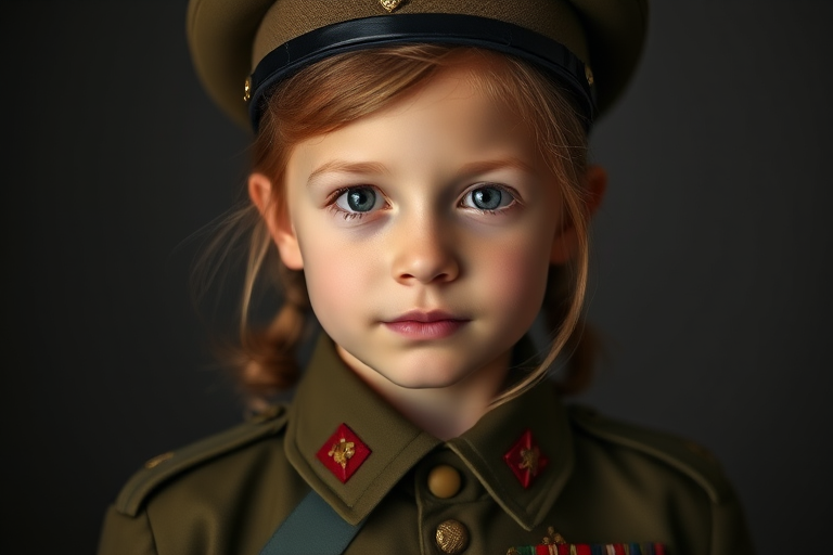 portrait of a young girl in a vintage military uniform with medals, soft studio lighting, shallow depth of field, camera settings: aperture f/2.8, ISO 100, shutter speed 1/125, Canon EOS 5D Mark IV, 50mm lens, professional photography style