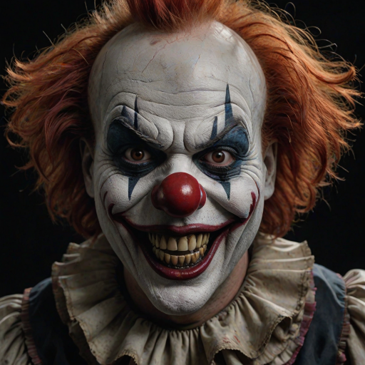 Create a hyper-realistic, dark, and eerie clown with a sinister smile, set against a black background. The clown should have exaggerated makeup with sharp, contrasting colors to enhance its menacing appearance. The overall atmosphere should be unsettling and intense, capturing a sense of horror and suspense