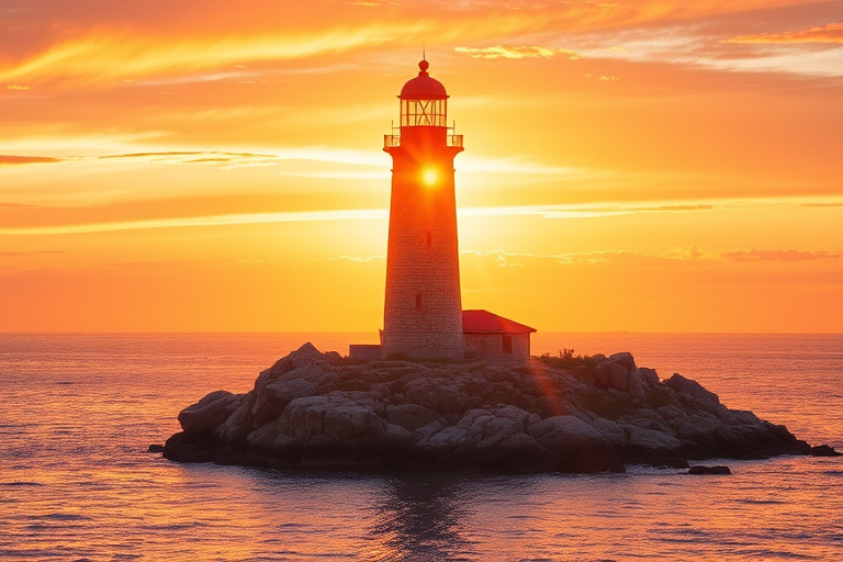 Generate an image of a tall lighthouse perched on a rocky outcrop surrounded by calm ocean waters during a breathtaking sunset. The lighthouse stands sturdy and weathered, its stone surface illuminated by the warm golden light of the setting sun. The sun's rays pass directly through the glass lantern room at the top of the lighthouse, casting a brilliant light across the scene. The sky is painted with vibrant shades of orange, pink, and purple, reflecting off the tranquil sea. The surrounding water shimmers with the same warm hues, creating a serene and majestic atmosphere.