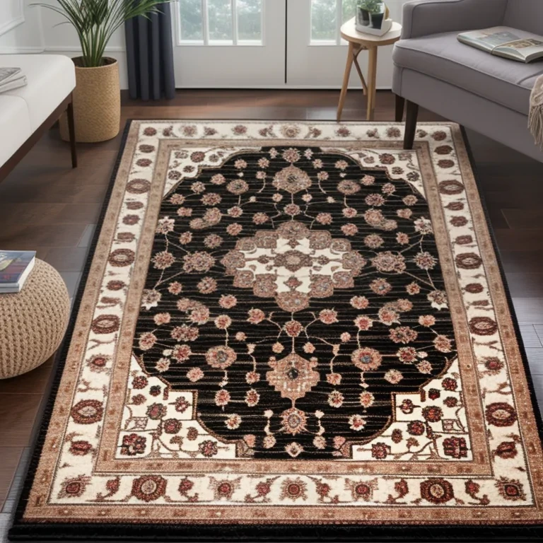 Elegant Black and Cream Area Rug with Intricate Floral Design in Cozy ...