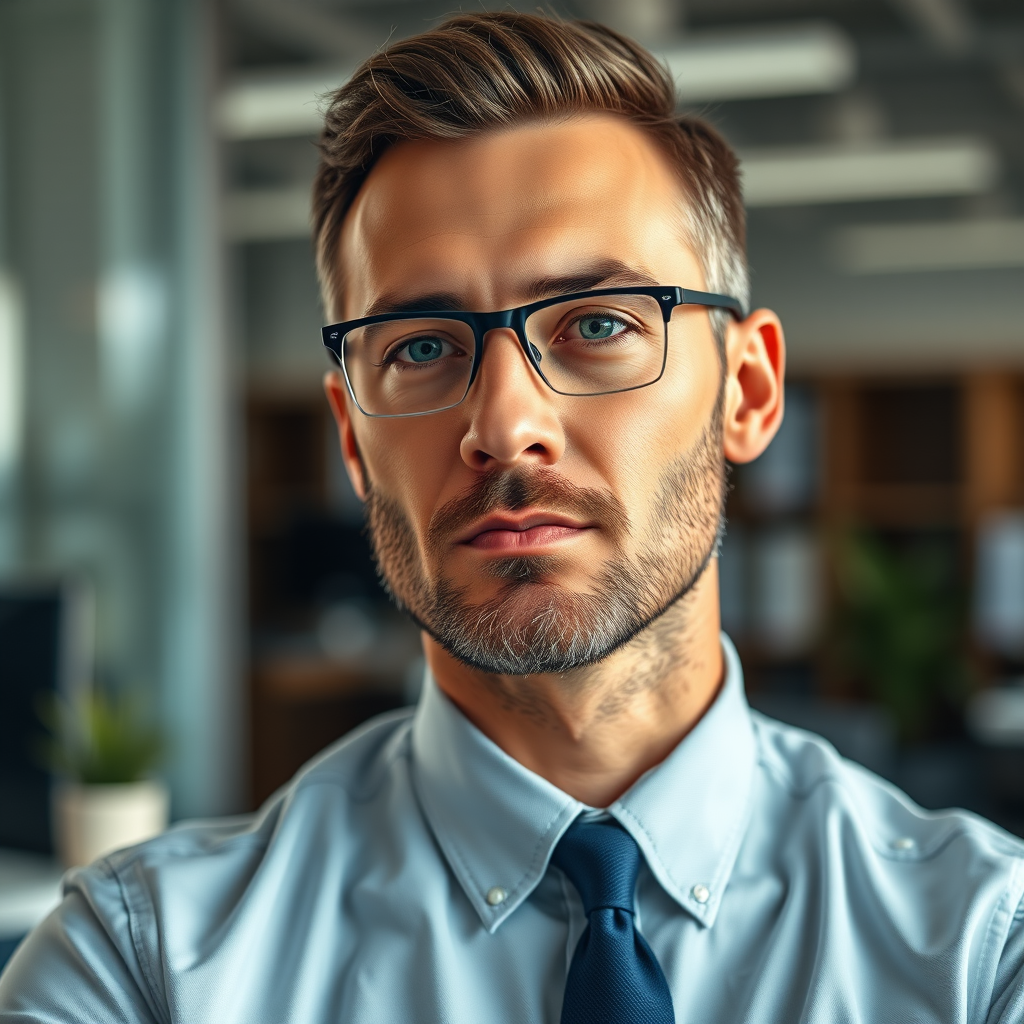 professional man in a business office, portrait, natural lighting, 85mm lens, f/1.8 aperture, ISO 200, shallow depth of field, Canon EOS R5, 24fps, soft focus background