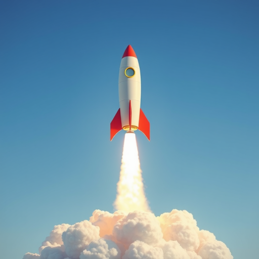 Create a digital illustration of a colorful rocket launching into a clear blue sky with stylized clouds at the base, using a high-resolution setting, 35mm lens with a shallow depth of field, shot from a low angle to emphasize the rocket's ascent and vibrant colors.